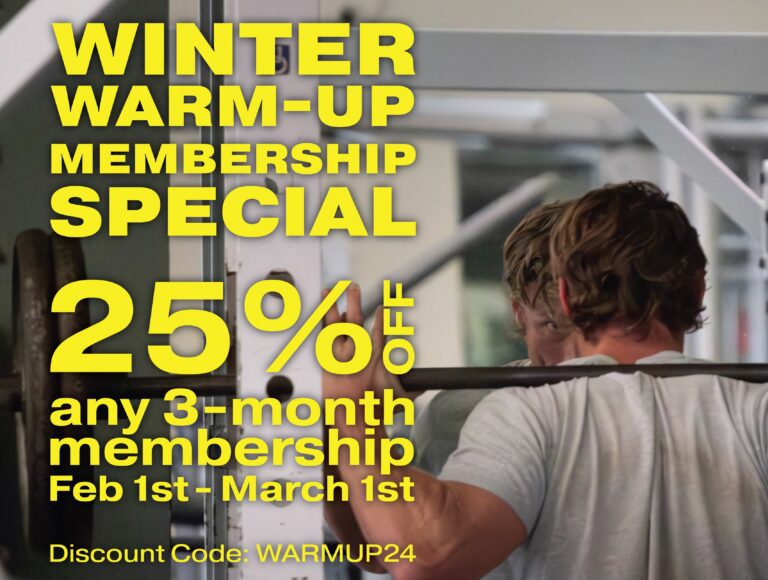 Man holding barbell. Winter Warm Up Special 25% off any 3-month membership from February 1- March 1