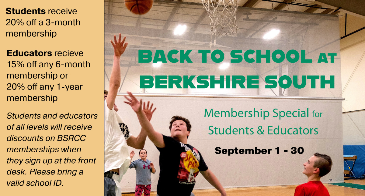 Vuelta al cole en Berkshire South. Oferta especial de afiliación para estudiantes y educadores, del 1 al 30 de septiembre. Los estudiantes recibirán un 20% de descuento en una afiliación de 3 meses, los educadores recibirán un 15% de descuento en cualquier afiliación de 6 meses o un 20% de descuento en cualquier afiliación de 1 año. Los estudiantes y educadores de todos los niveles recibirán descuentos en las afiliaciones a la BSRCC cuando se inscriban en recepción. Por favor, trae un carné escolar válido.